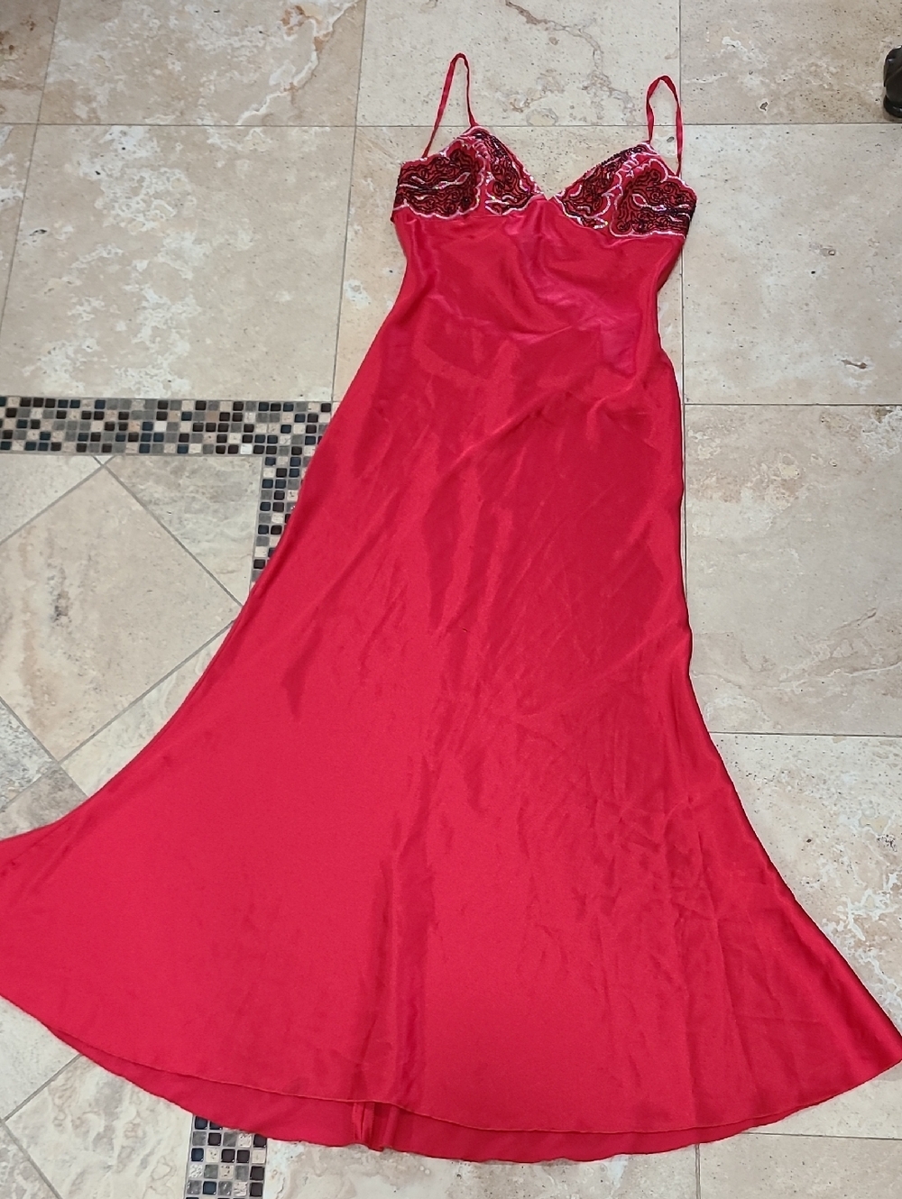 Red Satin Maxi Slip Dress with Lace Bodice